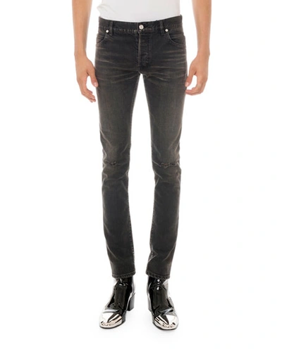 Balmain Men's Straight-leg Distressed Jeans In Black