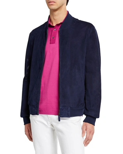 Brioni Men's Perforated Suede Bomber Jacket In Navy