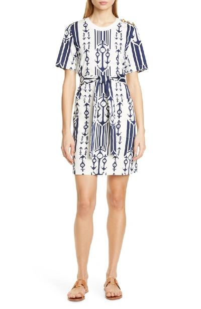 Tory Burch Anchor-print Belted Short-sleeve T-shirt Dress In Seafaring Stripe