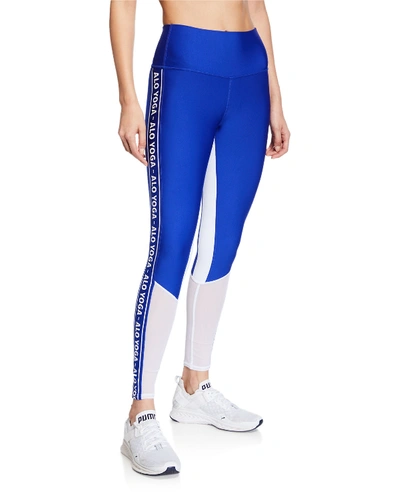 Alo Yoga High Waist Logo Colorblock Trainer Leggings In Blue/white