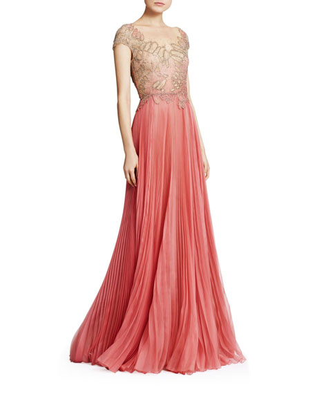 Marchesa Embroidered Organza & Tulle Illusion Gown In Pink/gold | ModeSens