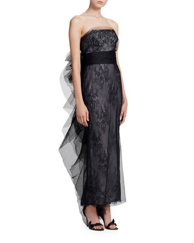 Marchesa Strapless Chantilly Lace Column Gown In Black