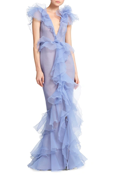 Marchesa Pebbled Organza Deep V-neck Draped Gown In Periwinkle