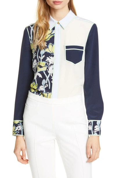 Tory Burch Jackie Colorblock Button-front Long-sleeve Silk Blouse In Navy Poppies Bloom