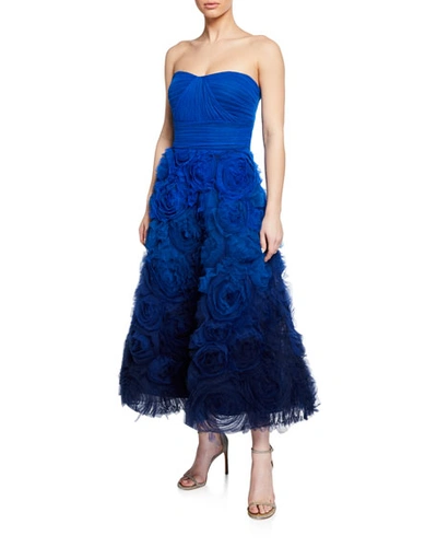 Marchesa Notte Ombre Strapless Textured Tulle Gown With Draped Bodice In Royal