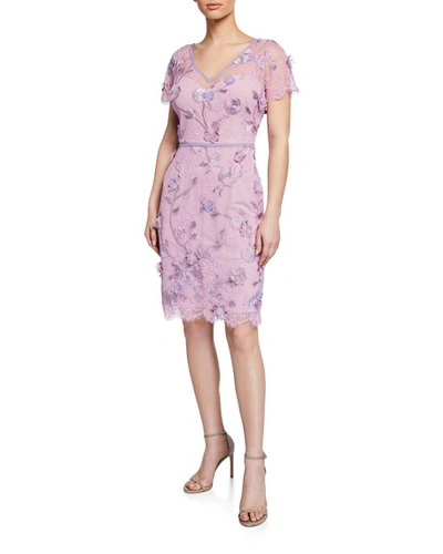 Marchesa Notte Cap-sleeve Corded Lace & Embroidered Tulle Dress W/ 3d Flowers & Trim