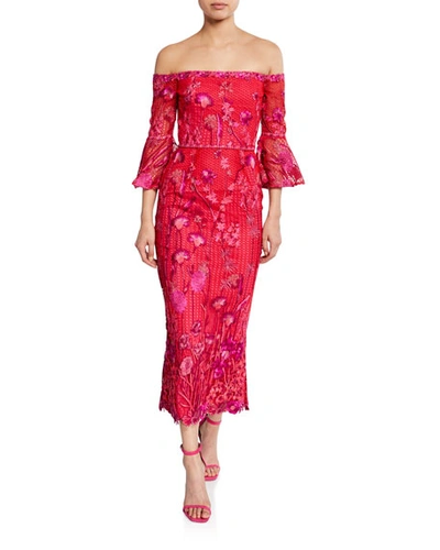 Marchesa Notte Floral Embroidered Lace Off-the-shoulder Tea-length Dress In Fuchsia