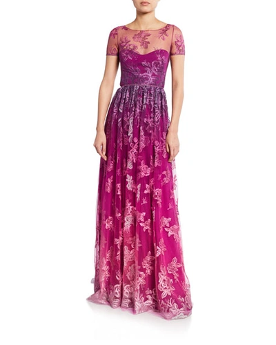 Marchesa Notte Ombre Metallic Embroidered Short-sleeve Illusion Gown With Open-back In Fuchsia