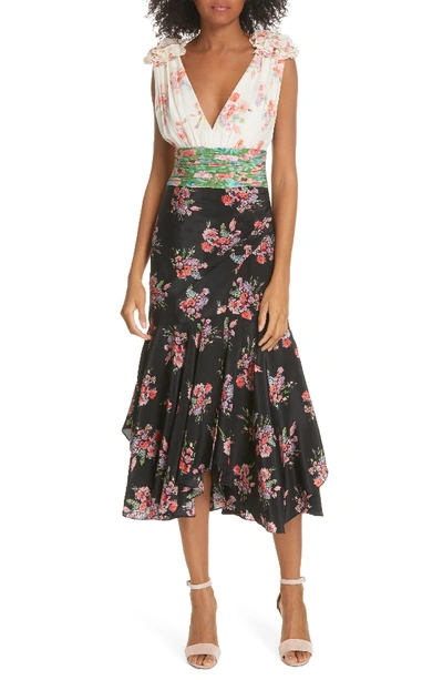 Amur Lolly Color-blocked Floral Silk Dress In White Green Black