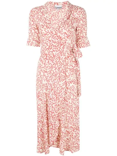 Ganni Floral Print Crepe Midi Wrap Dress In Egret|bianco