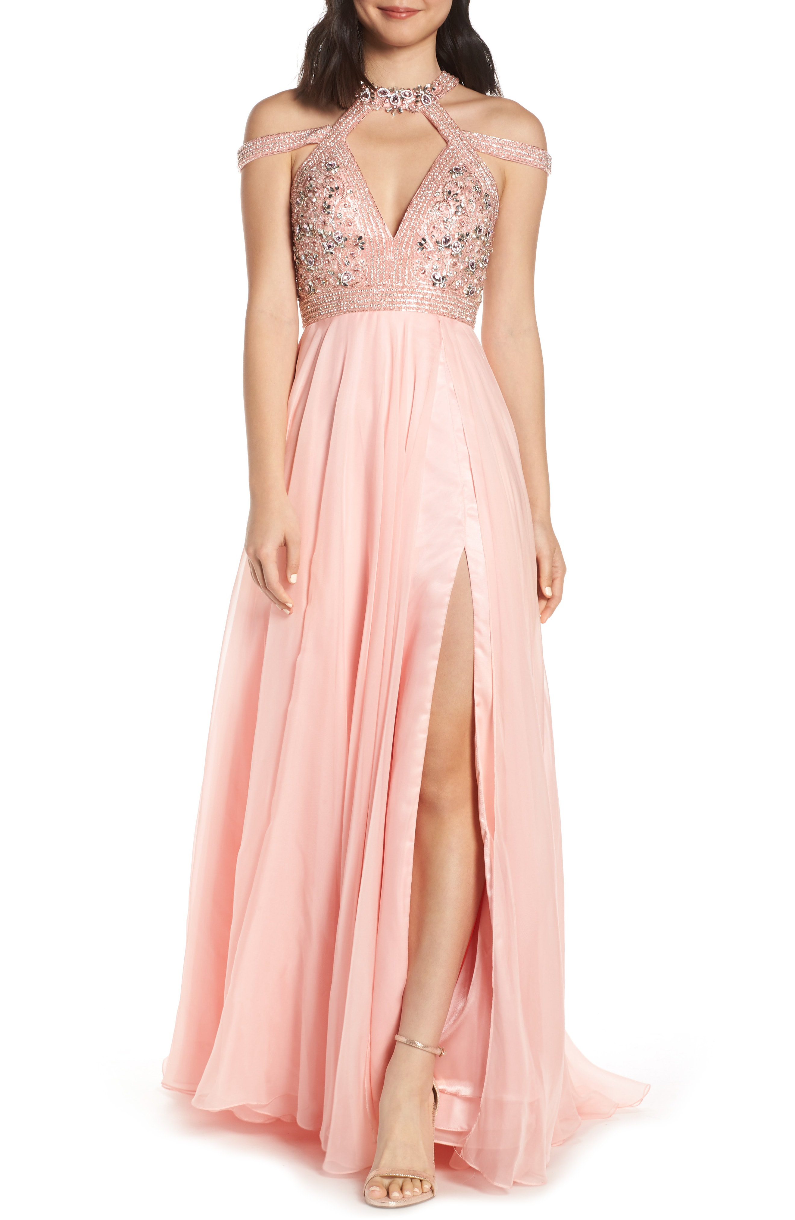 Mac Duggal Strappy Beaded Bodice Chiffon Evening Dress In Blush | ModeSens