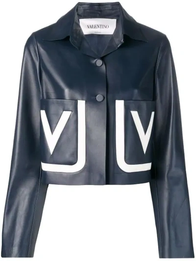 Valentino Blue Leather V Logo Pockets Jacket In Basic