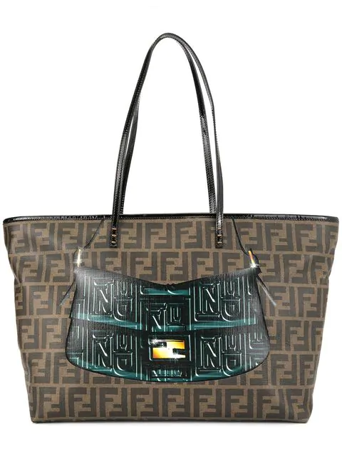 Pre-Owned Fendi Mamma Baguette Print Zucca Pattern Shoulder Tote Bag In Brown | ModeSens