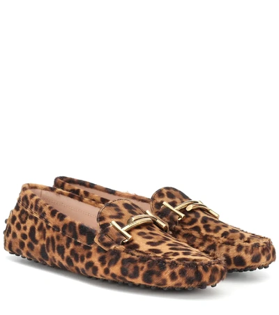 Tod's Gommino Embellished Leopard-print Calf Hair Loafers In Biscotto Chiaro