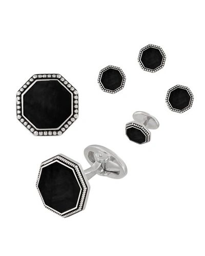 Jan Leslie Beaded Octagonal Onyx Cufflinks Studs Set