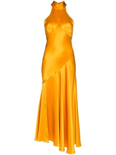 De La Vali Vivienne Halterneck Asymmetric Silk-satin Midi Dress In Orange