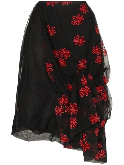 Simone Rocha Tulle Floral Embroidered Skirt In Black/red