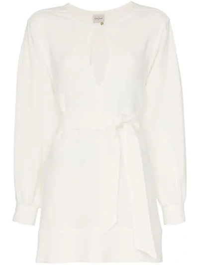 Le Kasha Byblos Long-sleeved Keyhole Linen Mini Dress In White