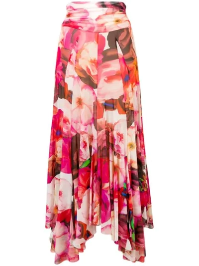 Msgm Pleated Floral Skirt In Orange,fuchsia,pink