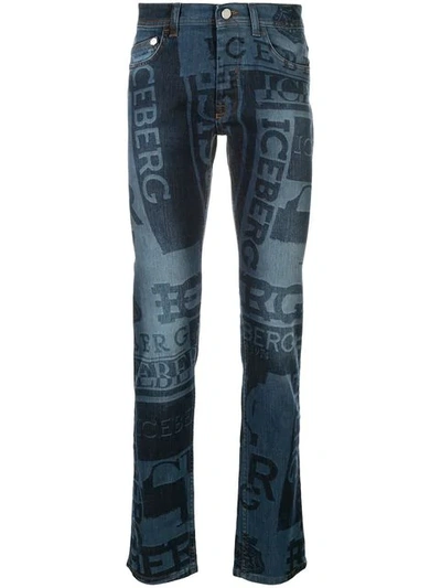 Iceberg Logo Print Jeans In Blue