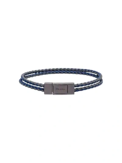 Prada Braided Leather Wrist Strap In Blau