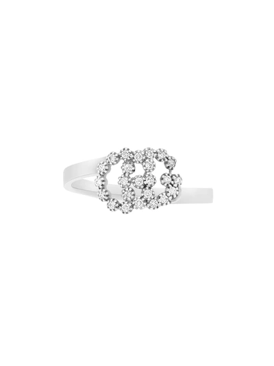 Gucci 18kt White Gold Diamond-encrusted Gg Running Ring In Silver