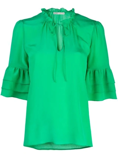 Alice And Olivia Julius Split-neck Tiered-sleeve Tunic Top In Green
