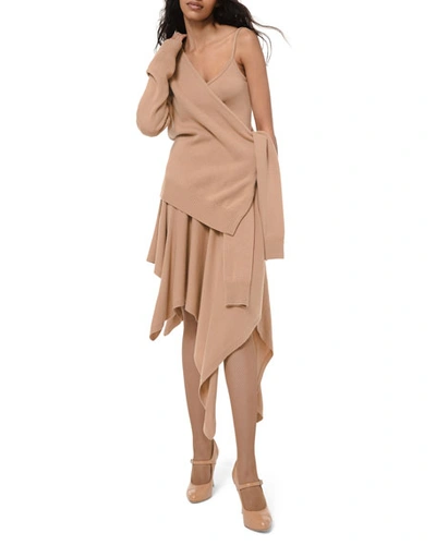 Michael Kors Cashmere One-shoulder Tie-sleeve Top In Beige