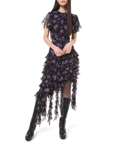 Michael Kors Floral-print Georgette Tiered Ruffle Dress In Purple Pattern