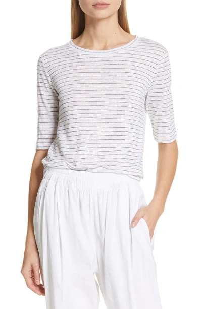 Vince Micro-stripe Elbow-sleeve Crewneck T-shirt In Optic White/ Obsidian