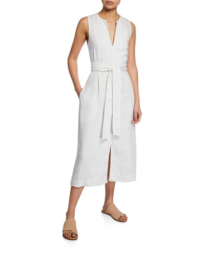 Vince Pencil-stripe Belted Sleeveless Dress In Creme