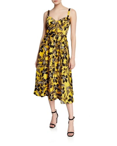 Milly Bustier Floral-print Midi Dress In Yellow
