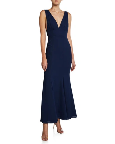 Fame And Partners V-neck Sleeveless Tie-back Gown In Navy