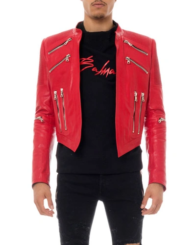 Balmain Man's Leather Biker Jacket In Red