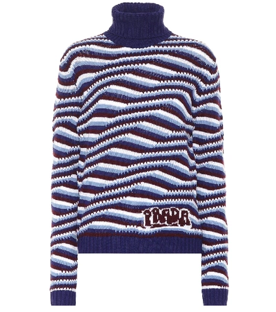 Prada Striped Cashmere Turtleneck Sweater In Blue