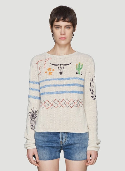 Saint Laurent Western Print Knit Sweater In Beige In Multi
