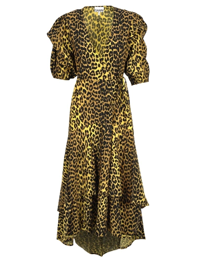 Ganni Minion Leopard Print Wrap Dress In Minion Yellow