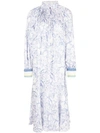 Tibi Isa Toile Print Ribbed Cuff Midi Dress In White/ Blue Multi