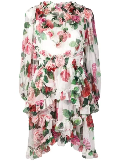 Dolce & Gabbana Rose-print Silk-chiffon Ruffled Mini Dress In White