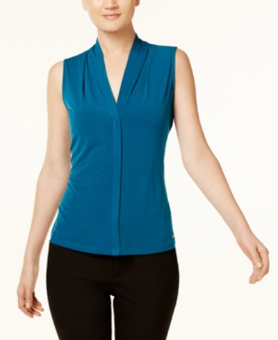Calvin Klein Petite Pleated-neck Sleeveless Top In Cypress