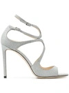 Jimmy Choo Lang 100mm Fine Glittered Leather Sandals In Platinum Ice