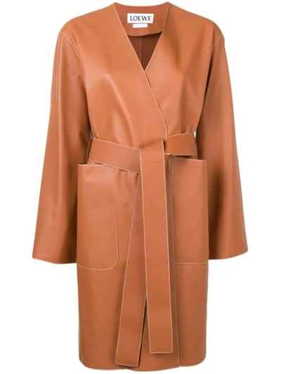 Loewe Contrast Stitch Leather Coat In Brown