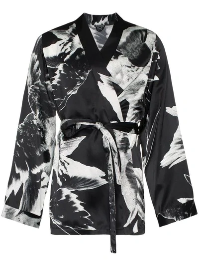 Ann Demeulemeester Floral Print Belted Silk Kimono Jacket In Black