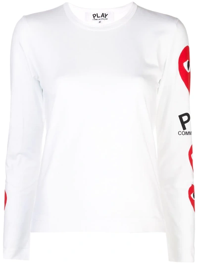 Comme Des Garçons Play Long Sleeve Logo Emblem Tee In White