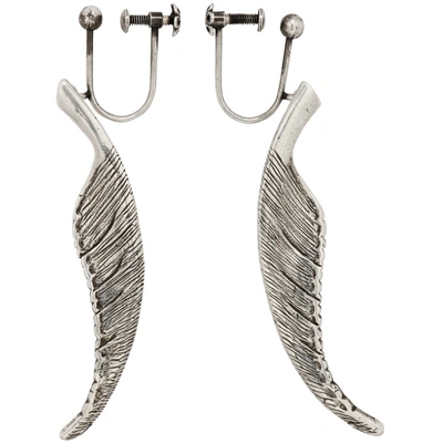 Saint Laurent Silver Animalier Feather Earrings In 8142 Ox.sil