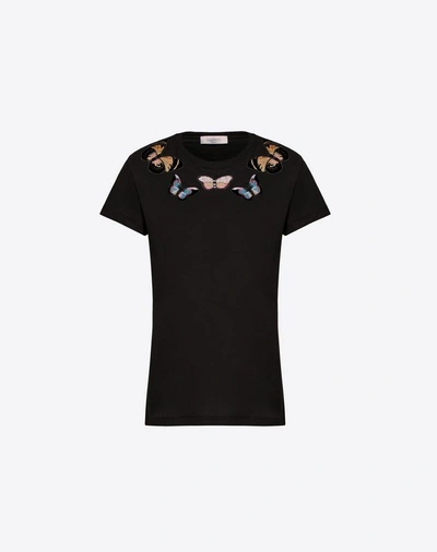 Valentino Embroidered Butterflies Cotton Jersey T-shirt In Black