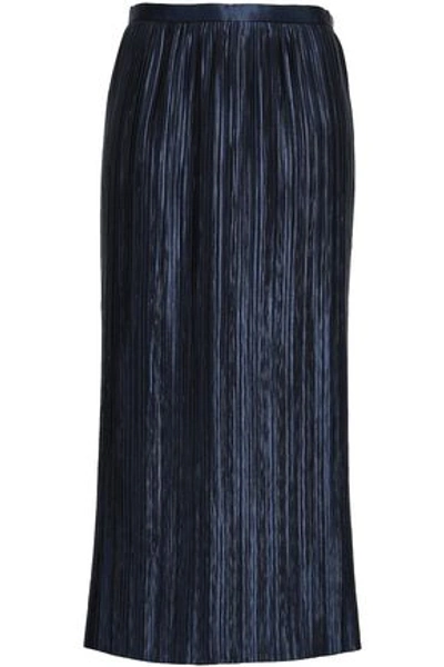 Tibi Woman Plissé-satin Midi Skirt Navy