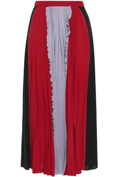 Valentino Woman Pleated Color-block Silk Crepe De Chine Maxi Skirt Claret