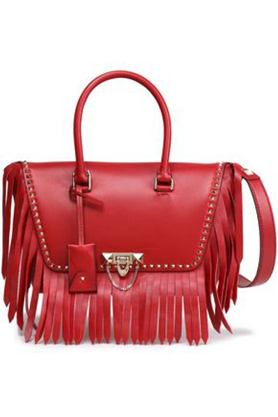 Valentino Garavani Fringed Studded Leather Tote In Red
