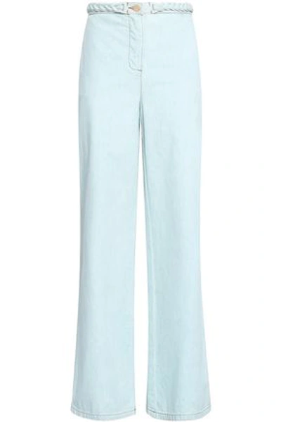 Valentino Braid-trimmed High-rise Wide-leg Jeans In Light Denim